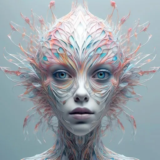 Prompt: <mymodel> Extremely hyperrealistic psychedelic geometric creature, multidimensional geometry, geometric shape, translucent, silver, white, bright pastel colors, fractals, ultra textural, creature, monster, entity, face/body/mouth, eyes