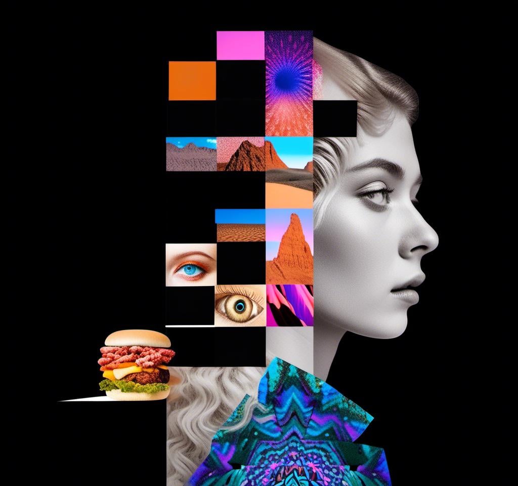 Prompt: A psychedelic collage featuring a photograph of a woman with blond curly long hair. The photo is cut and spliced with other photos - of cats, eyes, body parts, roads, landscapes, trippy optical illusion patterns, pickles, hamburgers, realistic  desert, alien  landscapes, geometric shapes etc in such a way that she has a psychedelic open third eye, in a psychedelic cut and paste collage <mymodel>