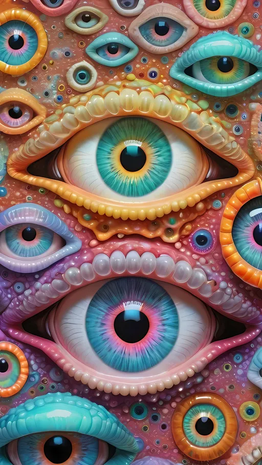 Prompt: an extremely hyper realistic ultra super textural weird trippy surreal psychedelic entity, Apollonian Gaskets, white, translucent, clear, bright bright pastel colors, oil slick rainbow sheen effect, lots and lots of light, lots of crazy colorful compound psychedelic human eyes, rows of human teeth, fungus, atoms, diatoms, Apollonian Gaskets