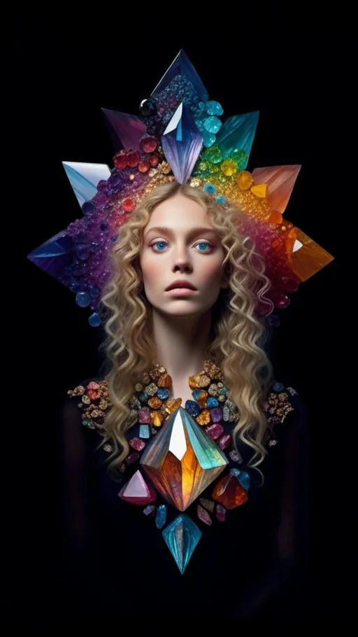 Prompt: <mymodel>Blonde woman with long curly hair, giant gem set eyes, psychedelic hallucination, rainbow fractals, geometry, inlaid precious gemstones, crystals, high quality, surreal, gemstone mosaic, detailed hair, vibrant colors, hallucinatory atmosphere, mesmerizing, otherworldly, natural lighting