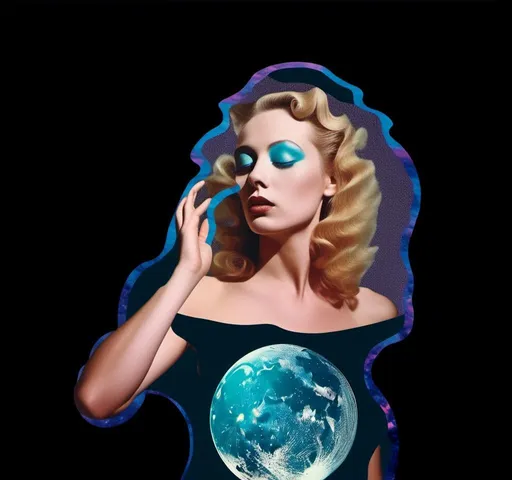 Prompt: A psychedelic collage featuring a photograph of a woman with blond curly long hair. The photo is cut and spliced with other photos - of cats, roads, landscapes, trippy optical illusion patterns, pickles, hamburgers, realistic  desert, alien  landscapes, geometric shapes in a psychedelic cut and paste collage <mymodel>