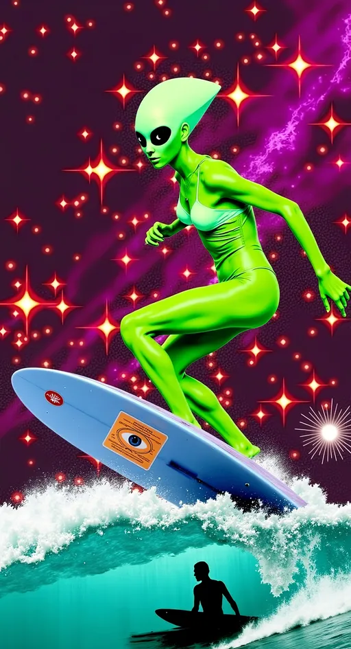 Prompt: Let's refine that cosmic surfing adventure:

**Astral Surfing Queen - AI Art Prompt**
Text - the words “SURF THE ASTRAL” 

Create an artwork featuring our iconic green-skinned alien babe, rocking a retrofuturistic swimsuit that blends vintage style with sleek, modern design. Picture her surfing an astral wave made entirely of vibrant colored light and abstract astral matter, gliding effortlessly through the vast expanse of the astral plane.

She's "hanging 10," her toes gripping the edge of a metallic, futuristic surfboard that gleams with an otherworldly sheen. The board is adorned with intricate patterns and glowing accents, reflecting the advanced technology of her cosmic culture.

Her expression is one of pure joy and exhilaration, as she rides the astral wave with the grace and skill of a seasoned surfer. Her bald conical head and large, solid black almond-shaped eyes add an extra layer of mystique to her carefree demeanor.

The background is a dazzling display of cosmic elements—swirling nebulae, twinkling stars, and trails of astral light that create a sense of motion and energy. The astral wave itself is a dynamic flow of luminous colors and abstract forms, embodying the ethereal and ever-changing nature of the astral realm.

Incorporate surfing terms like "carving" and "cutback" to describe her fluid movements as she navigates the astral waves with precision and flair. Let her pose and the overall composition capture the thrill and freedom of surfing through the cosmos.

Balance hyperrealistic textures with an illustrative, artistic style, capturing the playful and adventurous essence of this astral surfing queen. Let the fine details and vibrant colors transport viewers into a realm where surfing meets the extraterrestrial, in a celebration of cosmic joy and exploration. 🌌🏄‍♀️👽

Let this prompt inspire a piece that's as dynamic and visually captivating as it is uniquely yours!