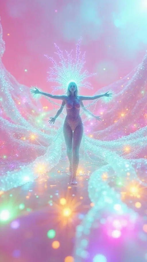 Prompt: A luminous, divine figure stands at the center of a radiant, high-dimensional landscape. Her body is made of glowing fiber threads and translucent geometry—clusters of color-drenched orbs connected by shimmering tendrils, resembling a living neural network or glowing spiderweb of thought. Her silhouette is partly human, partly abstract—her limbs stretch and blur into branching latticework, as if woven from data and intuition. Each movement leaves behind iridescent trails of fluid color, like jellyfish tendrils drifting through space, echoing the motion of past and future states. Her skin shimmers with kaleidoscopic light—rich purples, acidic greens, neon pinks, golden amber—constantly shifting, as if coded with emotional equations.

Around her, the space bends in paradoxical geometry—every direction seems equally far, yet intimately close, creating an uncanny, dreamlike distortion. Crystalline structures spiral out from her chest, forming vortexes of broken symmetry, radiating both order and chaos. In the distance, sharp glowing lines rupture the soft atmosphere, symbolizing moments of divergence—where one future splits violently from another. The background pulses with layers of color gradients, swirling fractal fields, and explosive bursts of caustic light—suggesting both clarity and confusion. She stands at the center of all this, a goddess of decisions not yet made, stitched from liquid logic and tangled light, the visual embodiment of complex mathematics becoming myth.