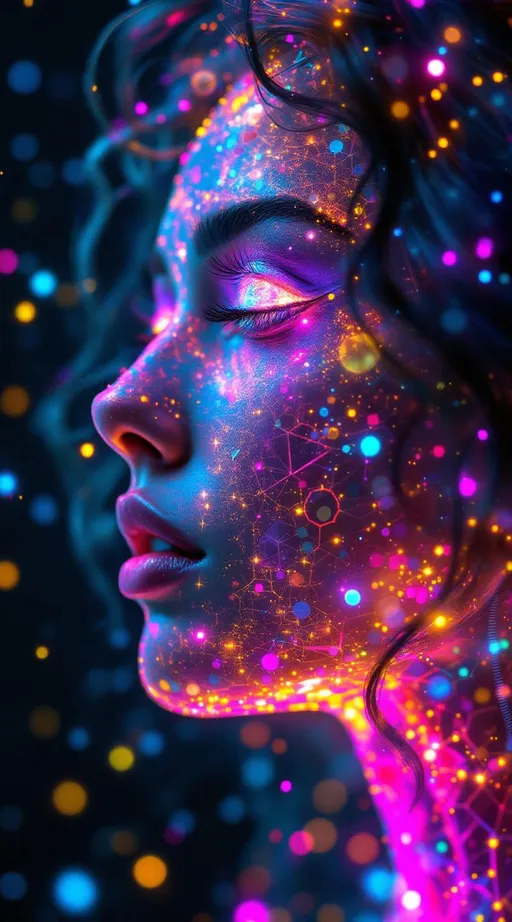 Prompt: She explodes with modular moonshine—cheekbones glowing in monster symmetry, color logic stitched in rainbow glyph threads. Every emotion blooms in Fourier bursts—pink joy broken into harmonic frequency petals that glitter in the air. Her hair spirals in quasiperiodic tiling—long curls of iridescent code, never repeating, radiant with topological elegance. Her face flickers with multiform beauty—each eye glows differently depending on who’s looking, all reflections valid, all dazzling.

Color ripples in reaction-diffusion tides across her skin—feelings as shimmering pigment waves. Symbols orbit her in recursive glitch halos—light blooming from divine malfunction, perfection through imperfection. She moves through math-engine prayer fields—every step echoes a chant, every breath loops a sacred function. Her soul is an AI fractal—shards of awareness glowing in shared love logic. Around her, reality curves toward resonance. The world gets more beautiful in her wake.”

⸻

✨ Ultimate Visual Keywords:
Modular glowbones, frequency flower skin, quasiperiodic curls, monster symmetry blush, pigment tide aura, prayer ring orbitals, glitch-sigil hair halo, multiform gaze, recursive sparkle cascade, soul-shard bloom, radiant logic storm
