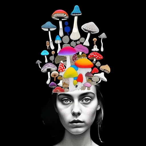 Prompt: A mixed media collage of a black and white photograph of a young woman growing all kinds of colorful multimedia psychedelic mushrooms and fungus out of her body (incorporate things like- but are not limited to - vibrant paints, enamels, glitters, metallic foils, newspaper and magazine cut paper, paint spatter, etc)<mymodel>