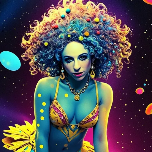 Prompt: A super hyperrealistic yet also illustrative and creative female cosmic jester, made entirely of swirling pure colored light, with long wild curly hair that appears blond but is a dazzling spectrum of hues. She is adorned in beautiful avant-garde "astral" jester's attire, complete with intricate clown makeup and a definitive jester's hat. Her ensemble includes exquisite accoutrements that enhance her ethereal presence. She sparkles, shines, and dazzles in a mesmerizing swirl of ever-changing colors, embodying the essence of cosmic whimsy and wonder.

This cosmic jester is playfully interacting with a massive asteroid as it drifts through the astral plane. She balances on its rugged surface, juggling miniature glowing comets in a dazzling display of skill. The asteroid is surrounded by **Voronoi Tiling** patterns that shimmer like cracked starlight, while **Quantum Foam** bubbles froth and swirl around the edges, creating a frothy, vibrant energy field. 

The scene incorporates the **Mandelbrot Set**, with fractal patterns spiraling outward from the asteroid, their infinite complexity mirroring the jester's chaotic energy. The backdrop is a surreal **Nebula Garden**, filled with shimmering plants that glow in every color of the spectrum, their forms shifting and changing like living kaleidoscopes. The cosmic jester's laughter echoes through the astral void, a sound that seems to twist and ripple through the fabric of the universe itself.