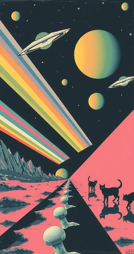 Prompt: <mymodel> Vintage 70s psychedelic surreal sci-fi Collage, analog, cut & paste, outer space, rainbows, spectrum, optical illusions/trippy patterns, surreal alien landscapes, UFOs, « little green men », psilocybin mushrooms, geometric shapes , planets, orbs, black night sky with stars, in the center, cats, 