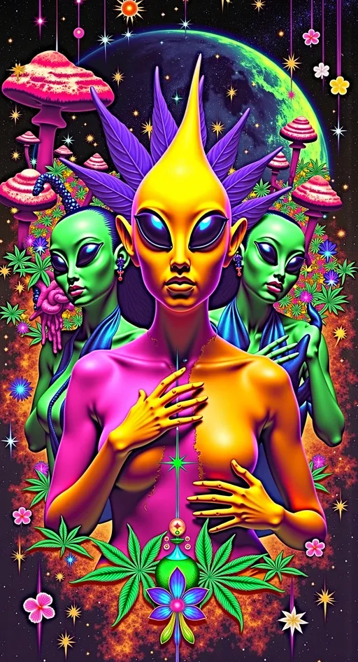 Prompt: **Trashy Cosmic Crew - AI Art Prompt**

Dive into a wild and lively scene featuring our iconic green-skinned alien babe, with her distinctive conical-shaped head and large, solid black almond-shaped eyes, alongside her rowdy extraterrestrial friends. They're striking edgy and playful poses, gesturing at the camera with cheeky irreverence amidst a chaotic backdrop filled with vibrant cosmic and psychedelic imagery.

Set the scene on an alien planet, where the landscapes are as gritty and raw as they are breathtaking. Include elements like rugged asteroids, mysterious moons, blazing suns, distant stars, and swirling nebulae, creating a rich tapestry of celestial wonders.

Add a touch of the surreal with cosmic rays and hints of the astral plane, weaving through the scene like electric currents. Black holes add a mysterious edge, while colorful psilocybin mushrooms and cannabis leaves appear throughout, adding a rebellious and psychedelic twist.

Incorporate lively details like hookahs and herbal rolls, as the alien crew enjoys their cosmic pastimes. The characters are decked out in bold, edgy outfits that scream attitude, with ripped fabrics, metallic accessories, and neon accents.

Let the scene be filled with a sense of carefree fun and camaraderie, as these intergalactic adventurers embrace the chaos of the moment. Capture their mischievous and playful expressions, making sure each character exudes their own unique brand of cosmic cool.

Balance hyperrealistic textures with a raw, artistic style, capturing the edgy and adventurous spirit of this cosmic gathering. Let the fine details and vibrant colors transport viewers into a realm where rebellion and the extraterrestrial collide, in a celebration of cosmic chaos and exploration. 🌌👽🔥

Let this prompt inspire a piece that's as dynamic and visually captivating as it is uniquely yours!