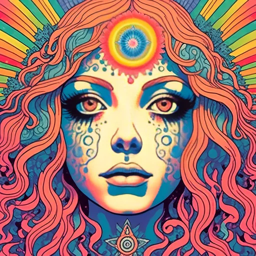 Prompt: <mymodel>Psychedelic illustration of a girl with long blond curly hair, third eye with rainbow aura, chakras, crystals, sacred geometry, fractals, detailed and vibrant, highres, psychedelic, mystical, colorful, detailed hair, open third eye, vibrant colors, sacred symbols, detailed crystals, surreal lighting