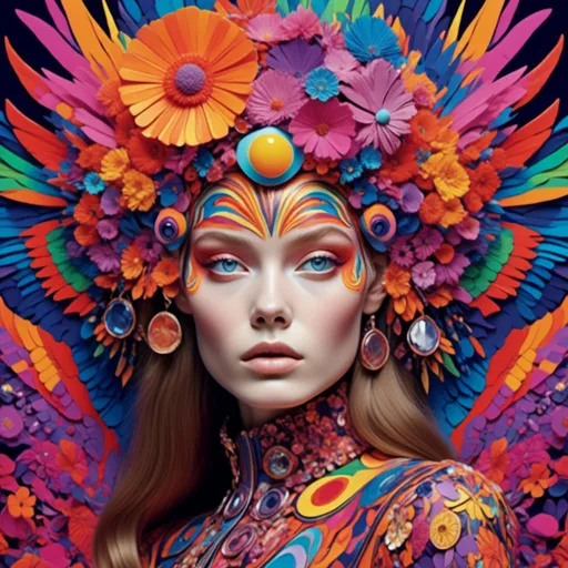 Prompt: <mymodel>Realistic avant-garde models showcasing psychedelic poster art illustrations, high couture fashion, colorful and vibrant, detailed facial features, intricate designs, 4k ultra-detailed, realistic, avant-garde, psychedelic, high couture, vibrant colors, intricate patterns, detailed facial features, professional lighting