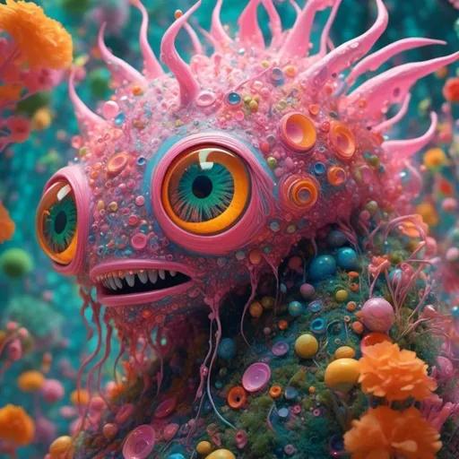 Prompt: <mymodel>an extremely hyper realistic super textural psychedelic entity/creature, trippy, weird, surreal, fractals, multidimensional geometric shapes, eyes, human teeth, lots of light, bright pastel colors, luminous, glowing, extremely textural, pinks, greens, oranges, yellows