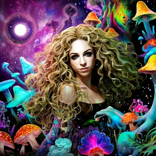 Prompt: A psychedelic trippy bright colorful vivid black light poster illustration of a girl with longish blond curly hair, with psychedelic magic mushrooms, trippy hallucinations, optical illusions and patterns, crystals, moss, forest, moon, geometry fractals