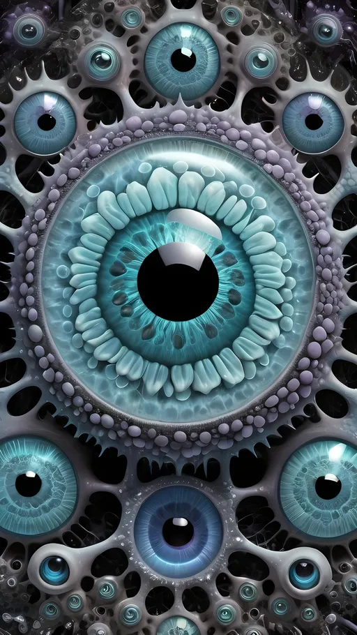 Prompt: an extremely hyper realistic ultra super textural weird trippy surreal psychedelic entity, Newton Fractals, apollonian gaskets, catenoids, white, translucent, clear, bright vivid pastel purples, baby blue/teal, black charcoal, chrome, lots and lots of light, lots of crazy colorful compound psychedelic human eyes, rows of human teeth, fungus, radiolarians, foraminifera,  atoms, diatoms, enneper sufaces, apollonian gaskets, Newton Fractals, 