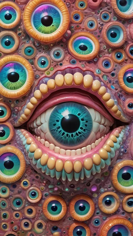 Prompt: an extremely hyper realistic ultra super textural weird trippy surreal psychedelic entity, Cardioid Shapes, white, translucent, clear, bright bright pastel colors, oil slick rainbow sheen effect, lots and lots of light, lots of crazy colorful compound psychedelic human eyes, rows of human teeth, fungus, atoms, diatoms, Cardioid Shapes