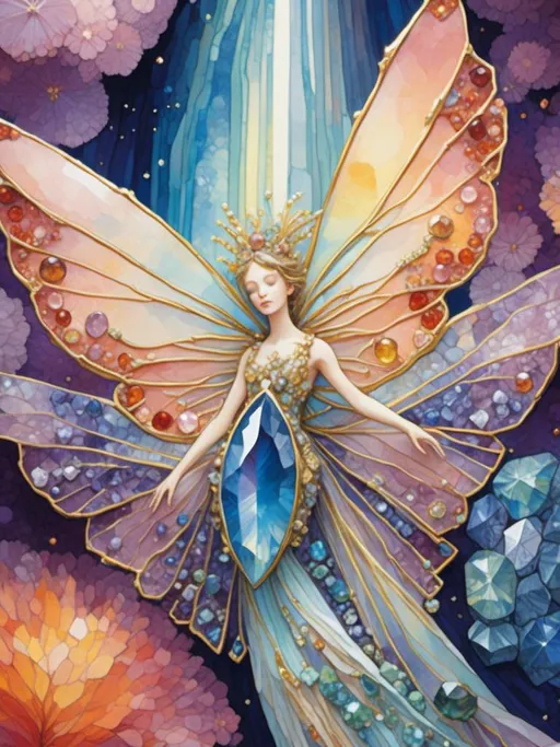 Prompt: <mymodel>Fairies crafted from gemstones, sparkling and ethereal, magical aura, high quality, detailed, fantasy, jewel-like textures, radiant glow, surreal, enchanting, pastel tones, soft and luminous lighting, ultra-detailed, mystical beings, shimmering wings, intricate design, whimsical, dreamlike