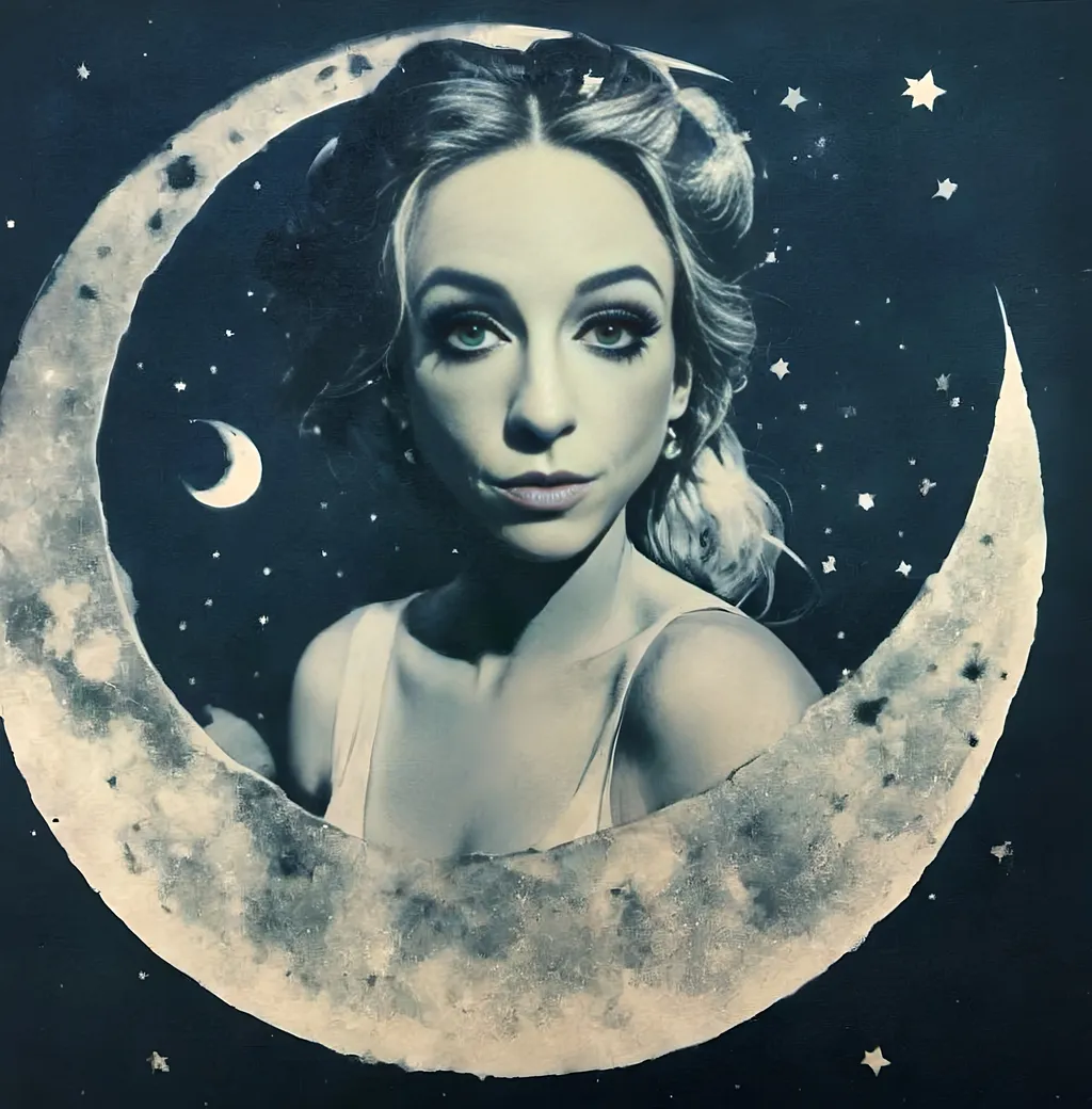 Prompt: Vintage Cyanotype print of a girl on the moon, detailed silhouette, vintage artistic style, cool tones, subtle moonlight, high quality, cyanotype print, vintage, detailed silhouette, moon, girl, subtle lighting, cool tones