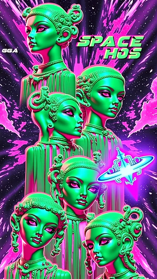 Prompt: **Space Hos - AI Art Prompt**

Create a totally glitchy glitched out artwork featuring the phrase "Space Hos" in a bold, sassy, girly futuristic tech font. The scene is populated by multiple striking green-skinned alien females, each exuding attitude and confidence. They are dressed in avant-garde high fashion with a futuristic edge, showcasing an array of intricate accessories that highlight their alien allure. The scene is being viewed through a retrofuturistic computer screen full of glitches and aberrations 

Each alien boasts a slightly conical-shaped bald head and large, almond-shaped black eyes, adding to their enigmatic charm. They pose with sass and poise, making a statement in the cosmic landscape.

Incorporate a vibrant UFO in the background, teeming with colorful lights that illuminate the scene. The setting is a bustling outer space landscape, complete with an alien planet, swirling asteroids, and cosmic phenomena. Alien glyphs are seamlessly integrated into the design, adding a mysterious layer.

The entire composition is busy and detailed, with every inch filled with tiny elements that captivate the viewer's attention. From the smallest star to the grandest asteroid, the scene is a masterpiece of cosmic chaos and extraterrestrial elegance.