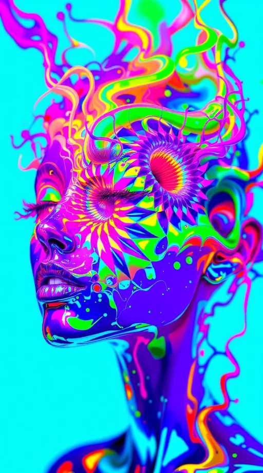 Prompt: A maximalist, neon-iridescent paradox construct, shimmering with dragonfly-wing diffraction and polarized crystal sheens, painted in gradients of ultraviolet aqua, molten fuchsia, electric lime, and opalescent violet. The form hints at human anatomy but instantly collapses into recursion, geometry, and carnival impossibility.
Eyes spiral into Mandelbrot infinities, each iris a rainbow tunnel looping inward forever. Lashes bloom into fractal satellites, each blinking at a different rhythm, reflections chasing themselves across impossible planes. Teeth splinter into Cantor set jaws, rows dividing into smaller and smaller jaws, infinite and absent at once.
The nose fractures into hyperbolic tilings, cartilage folding into impossible mosaics that inhale and exhale contradictory smoke. Ribs coil into Möbius loops and Fibonacci spirals, weaving lattices of glowing bone-lollipops that braid into carnival glass. Veins branch as Hilbert curves, recursive labyrinths glowing like neon tubing.
Inside the chest, a heart both beats and does not beat, ζ(s) glyphs pulsing across its paradox surface. Lungs expand into Julia spirals, exhaling carnival smoke that folds into smaller lungs suspended in the air.
Skin refracts like Klein-bottle membranes, pores spiraling into mouths, mouths into eyes, eyes into recursive vascular glyphs. Hair explodes as fractal ribbons and Möbius curls, each strand refracting in hummingbird-feather iridescence, some ending in teeth, some in eyes, some in laughter that dissolves into recursion.
Background collapses into paradox carnival geometry: rollercoasters folding into Escher stairs, Ferris wheels spinning forward and backward, cotton-candy skies tiled with impossible reflections. Every surface alive, every boundary recursive, every color impossibly bright.