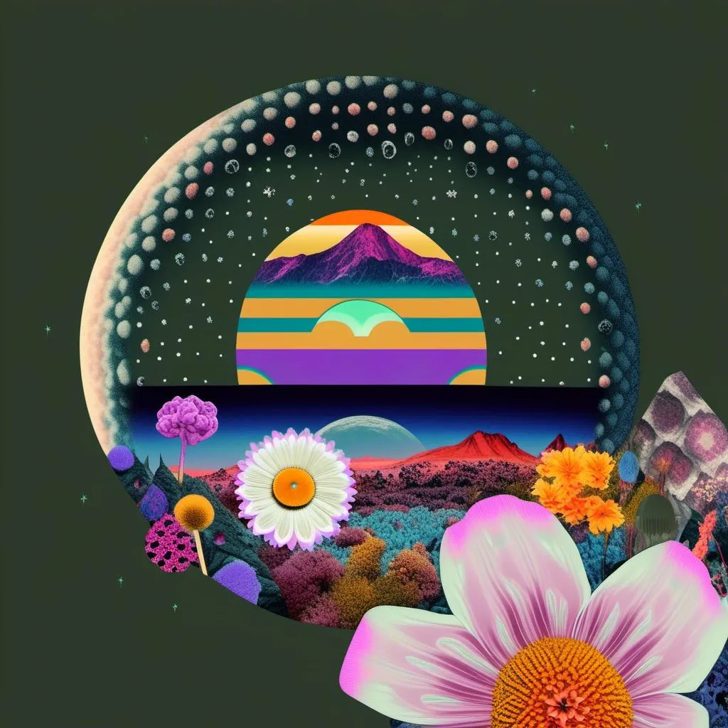 Prompt: A psychedelic collage evoking a vintage 70s sci fi feel but I stead of the sci-fi theme let’s do wildflowers. Photos and art of wildflowers spliced with things like psychedelic patterns/optical illusions, landscapes, geometry, mushrooms/fungus, insects, crystals, gemstones, the sun & moon, etc. Employ a pretty floral color pallet but keep that surreal feel in this natural organic psychedelic collage<mymodel> 