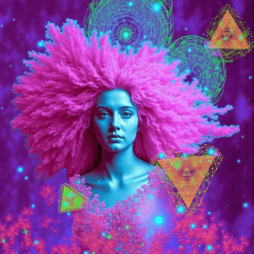Prompt: In a vibrant cosmic scene, Merry—a caucasian slim woman with long wild pink very curly hair and blue eyes—stands amidst a dazzling array of triangles and mathematical wonders. Her hair flows like a nebula, merging with a spectrum of geometric forms in amethyst and citrine hues.

Sierpinski's triangle takes center stage, its intricate fractal pattern of indigo and orange triangles creating a mesmerizing tapestry around Merry. Above, Penrose tiling unfolds in turquoise and magenta, its non-repeating design symbolizing infinite mathematical possibilities. A Möbius strip spirals around Merry, its surface a seamless loop of iridescent light.

The color palette is a vivid explosion of neon greens, radiant yellows, and rich magentas, evoking a psychedelic dreamscape. The mood is one of infinite curiosity, as Merry embodies the harmony between chaos and order in this mathematical universe.

Rendered with meticulous detail, the scene blends crisp outlines with seamless colors, inviting viewers to explore this surreal wonderland.

Style: Psychedelic geometric art with surreal elements, inspired by fractal geometry and Penrose tiling. Medium: Digital collage.

Character count: 1,052