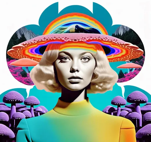 Prompt: a psychedelic collage reminiscent of 70s psychedelic sci fi collage artwork celebrating a girl on mushrooms. It is to feature a photograph of a woman with blond curly hair that is edited by splicing it with other images from photographs, magazines, newspapers, illustrations/paintings to create the impression she is high on magic mushrooms. The work will include such elements as a psychedelic 3rd eye open, stars and planets, trippy optical illusions and patterns, psilocybin cubensis mushrooms, fractals, UFOs, aliens, geometric shapes, auras, rainbow spectrums, sacred geometry, trippy drippy stuff, psychedelic hallucinations, open eyes, landscapes of astral worlds<mymodel>