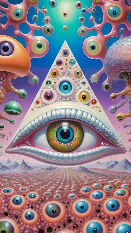 Prompt: an extremely hyper realistic ultra super textural weird trippy surreal psychedelic entity, gyroid structures, Pascal's Triangle, white, translucent, clear, bright bright pastel colors, oil slick rainbow sheen effect, lots and lots of light, lots of crazy colorful compound psychedelic human eyes, rows of human teeth, fungus, atoms, diatoms, gyroid structures, Pascal's Triangle