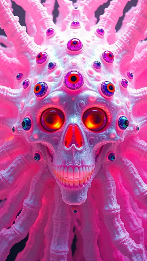 Prompt: an extremely hyper realistic ultra super textural weird trippy surreal psychedelic entity, gyroid structures, Pascal's Triangle, white, translucent, clear, bright bright pastel colors, oil slick rainbow sheen effect, lots and lots of light, lots of crazy colorful compound psychedelic human eyes, rows of human teeth, fungus, atoms, diatoms, gyroid structures, Pascal's Triangle