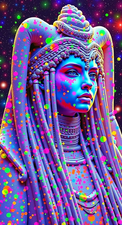 Prompt: Create a super hyperrealistic, finely detailed psychedelic Nouveau illustration of a Cosmic Jester. Feature the word MERRYPRANXTERworked organically into the background somehow.  This enchanting character is a merry prankster of the cosmos, an astral jokester dancing through time and space. She exudes a jester vibe, wearing feminine holographic jester attire & makeup with a feminine, harlequin twist. Not human, but humanoid, she is crafted from vibrant colored light, embodying an extra-dimensional extraterrestrial essence. Her presence is a beacon of joy, as she laughs and twirls through the cosmic astral realms, elevating vibes wherever she roams. 

Her beauty is otherworldly, with long, curly hair that shimmers like a cascade of colored light, appearing blonde yet transcending earthly hues. Her eyes sparkle with mischievous wisdom, and her attire is a dazzling array of intricate patterns and swirling colors, reminiscent of both jester garb and celestial phenomena.

Incorporate the text "the merrypranxter" above her in smaller, elegant lettering, seamlessly blending into the cosmic background. This text should capture the essence of her playful spirit, as if it were a whisper from the universe itself. The illustration should radiate her vibrant energy, portraying her as a timeless wanderer spreading joy and wonder throughout the cosmos.