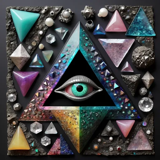 Prompt: an extremely hyper realistic ultra super textural weird trippy surreal psychedelic entity, Sierpinski tetrahedron, translucent, charcoal matte black, blown glass, pearlescent finish, inlaid opal, glittering crystal accents, silver, pyrite, quartz,, chrome, bright vivid teals, blues, pinks/yellows/greens,purples,  lots and lots of light, lots of crazy colorful compound psychedelic human eyes, rows of human teeth, human lips, tongues, fungus,  atoms, diatoms, diatomic, algae, bryozoans, Sierpinski tetrahedron, extreme high definition organic and mineral textures