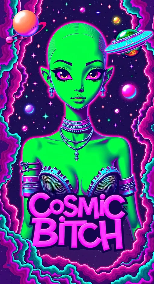 Prompt: **Cosmic Bitch - AI Art Prompt**

Create an artwork featuring the phrase "Cosmic Bitch" in a bold, sassy, girly futuristic tech font. The centerpiece is a stunning green-skinned alien female with a large somewhat conical shaped bald head & large solid black almond shaped eyes, exuding sass and confidence, dressed in avant-garde high fashion with a futuristic twist. Her ensemble is adorned with intricate accessories that scream alien chic.

Incorporate a vibrant UFO hovering in the scene, brimming with colorful lights that dance across the canvas. The background is a bustling outer space landscape, complete with an alien planet, swirling asteroids, and cosmic wonders. Alien glyphs are subtly woven into the design, adding an enigmatic touch.

The entire scene is a whirlwind of activity, filled with intricate details that draw the eye to every corner. From the tiniest star to the grandest asteroid, let no space go unadorned. The result is a masterpiece of cosmic chaos and extraterrestrial elegance.

Now, go forth and let your AI art creation shine in all its interstellar glory! 🌌👽✨