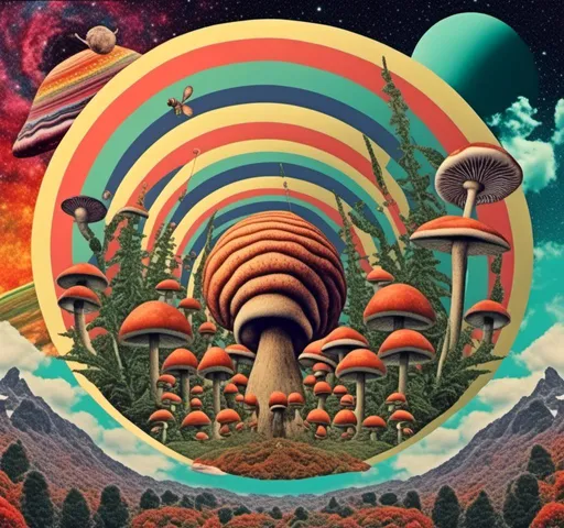 Prompt: A psychedelic collage evoking a vintage 70s sci fi feel but I stead of the classic theme let’s do SNAILS, MUSHROOMS, ferns, collages with psychedelic trippy patterns/optical illusions, landscapes, clouds, the sun, nature<mymodel>