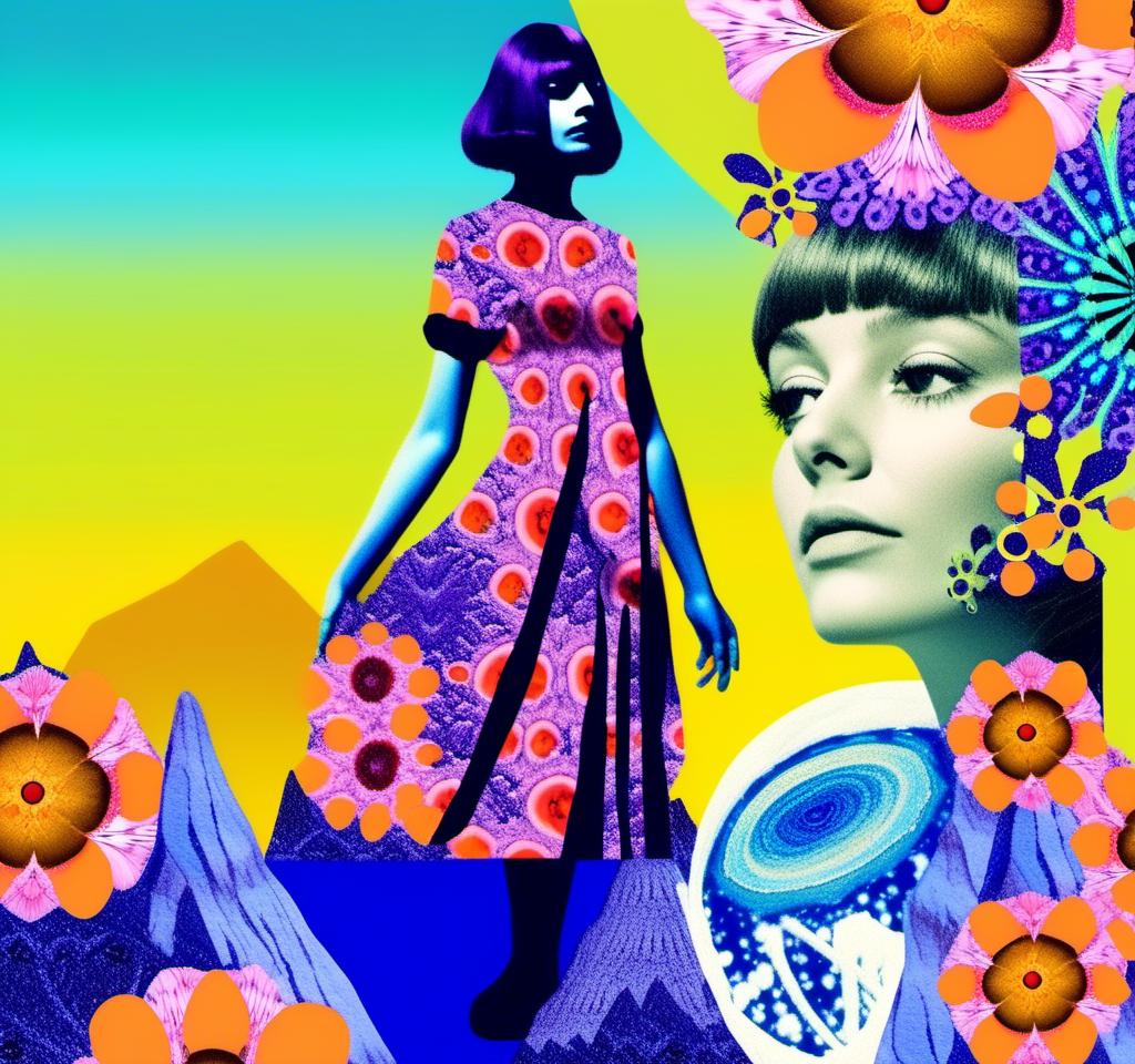 Prompt: A psychedelic collage evoking a vintage 70s sci fi feel but I stead of the sci-fi theme let’s do wildflowers. Photos and art of wildflowers spliced with things like psychedelic patterns/optical illusions, landscapes, geometry, mushrooms/fungus, insects, crystals, gemstones, the sun & moon, etc. Employ a pretty floral color pallet but keep that surreal feel in this natural organic psychedelic collage<mymodel> 