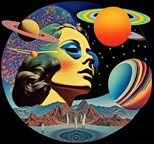 Prompt: A vintage 70s psychedelic collage with the theme “astral vacation”- incorporate themes of astral projection, the astral plane, the silver cord, use an astral brilliantly but sometimes muted opalescent color palette, & combine it all with planets, orbs, optical illusions and psychedelic trippy patterns, color spectrums as a surreal vintage psychedelic collage<mymodel>