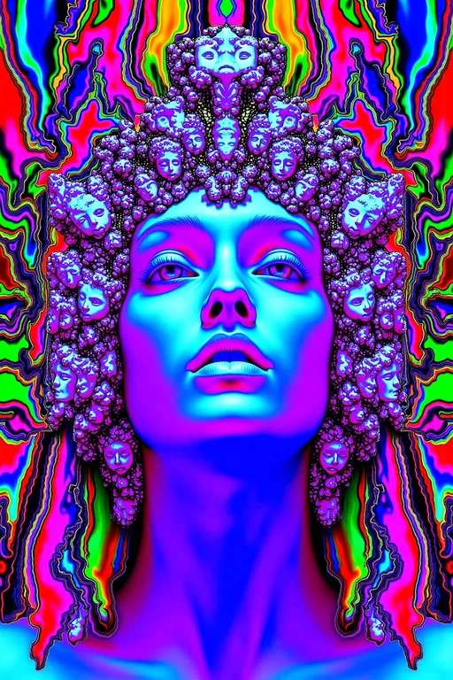 Prompt: A psychedelic woman with 3 faces around her head, and 12 arms, a third eye on each face, psychedelic fractals, trippy hallucinations, interdimensional, quantum foam,