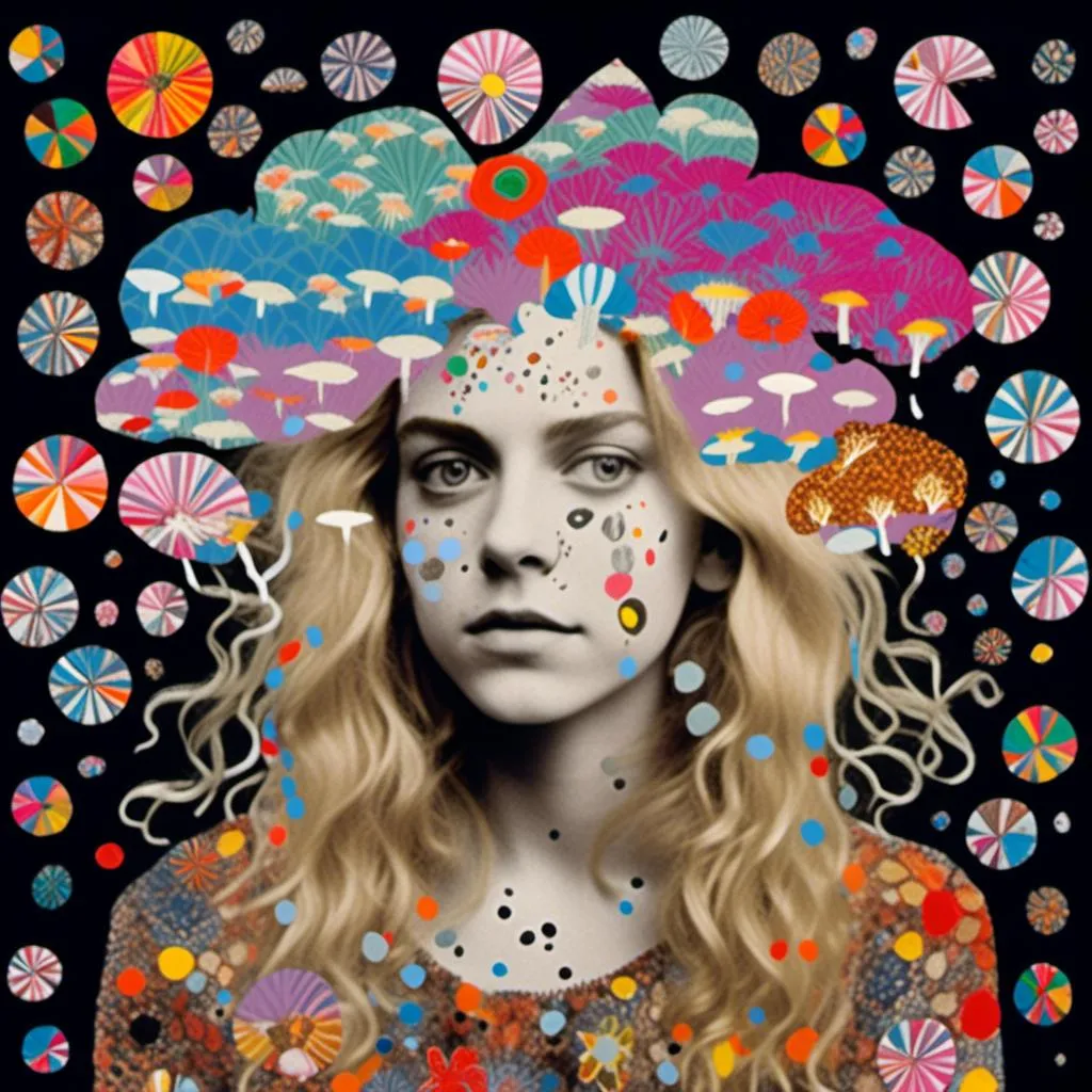 Prompt: <mymodel>Mixed media collage of a woman wing long blond curly hair having a psychedelic experience, herself a photograph, maybe in black and white or halftones, with mixed media hallucinations swirling around her, and mushrooms growing out of her made from paint, foils, glitter, sequins, stones, ripped and folded paper, thread, etc