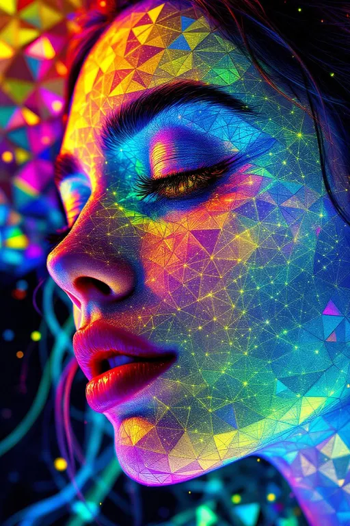 Prompt: Her face is not skin, not flesh—only tessellation. A rainbow-radiant hyperbolic tiling in AdS space blooms outward from the void: heptagons shrink toward infinitude across her cheeks, nested in sacred recursion. Every polygon pulses with nightclub light frequencies—sparkling with spectral data. Her jawline curves along orbiting geodesics, each spiral twisting like a Möbius braid caught mid-laugh.

A second tessellation blooms across her brow and hairline—Penrose tiles in flaming neon hues, interlocking aperiodically and flickering like recursive jewels. Her hair is made of pure colored light shaped by Hopf fibrations and modular waveforms, curling in 4D tessellation flows. Escape gradients shimmer across her cheeks, mapped to scalar field intensities and laced with Fourier diffraction halos.

Every shimmer, every color—math. She is built of light, code, and symmetry: a disco goddess whose very structure defies Euclidean law. Her presence refracts like a living math spell cast in rainbow lightning.

Tags:
#DiscoMathGoddess #HyperbolicTiling #RainbowTessellationFace #PenroseSparkle #LightformEntity #FractalGeometryQueen #ModularHair #SpectralSymmetry #UltraMathified