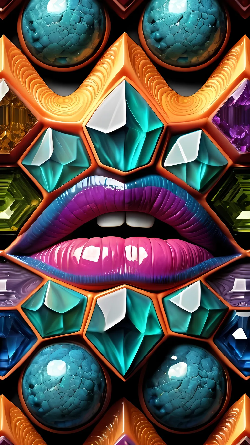 Prompt: Create an extremely hyper-realistic, ultra super textural, weird, trippy, surreal, psychedelic pattern/design based on crystal tiling, with lots of human eyes (crazy colorful compound psychedelic), rows of human teeth, human lips, and tongues. Include mineral crystal accents.

- **Colors**: determined by the properties and expressions of the elements, minerals, and metals: phosphorus, peridot, citrine, tourmaline, pyrite, silver.

**Shapes and forms**
-crystalline (acicular)

- **Textures**: Derived from any/all organic elements, minerals, metals, crystals, organic things mentioned in this prompt.

**Composition and Layout**:
- Spherical layout/composition
- crystal tiling
- hyperbolic forms and structures
-zoomed out creating a surreal pattern/design using arabesque tiling

**Lighting**:
- Lots of bright light

**Detail and Atmosphere**:
- Extreme hyperrealistic sharp high detail high definition organic and mineral textures
- Psychedelic, weird, odd, surreal atmosphere
- Frozen in time

**Additional Elements**:
- Diatoms, extra rows of teeth, lips, many eyes,fungus

Capture this scene using Canon EF 70-200mm t/2.8L IS III USM film