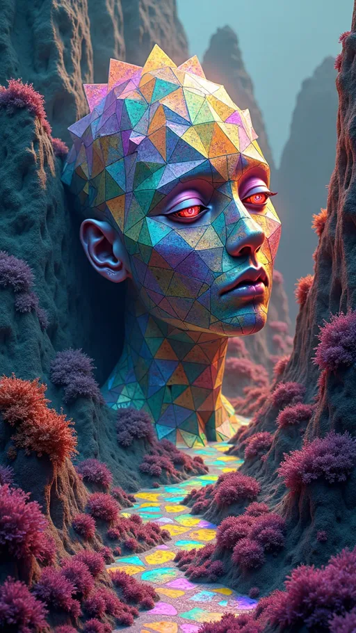 Prompt: Imagine a mesmerizing entity nestled within a surreal landscape shaped by the intricate patterns of the Sierpiński triangle. This entity appears as a kaleidoscopic being, its form composed of interlocking triangular fractals that shimmer in vibrant shades of turquoise, magenta, and electric yellow. Each triangle pulses with a unique pattern, creating a hypnotic dance of colors that draws the eye deeper into its geometry.

The entity's face is a mosaic of fractal eyes, each one a tiny Sierpiński triangle reflecting myriad colors and swirling galaxies, giving the impression of infinite depth. Its mouth is adorned with crystalline teeth arranged in fractal formations, sparkling like gemstones and shifting in hue as if alive with cosmic energy.

Surrounding this entity is a landscape of cascading triangular hills, each layer adorned with intricate tiling patterns that shift from vibrant paisleys to swirling mandalas. The ground is a patchwork of luminescent moss in shades of neon green and deep violet, dotted with glowing, triangular fungi that pulse rhythmically with the entity's heartbeat.

Microscopic elements enhance the scene, featuring **quasicrystals** that spiral upward, their non-repeating patterns catching the light in dazzling displays. Tiny **quantum dots** float like fireflies, their colors shifting in harmony with the fractal patterns, while **C60 Buckminsterfullerene** hover nearby, reflecting the vibrant geometry of the landscape.

Above, the sky is a swirling canvas of iridescent clouds shaped like interlocking triangles, creating a dreamlike atmosphere. Shooting stars trail through the air, leaving behind shimmering fractal patterns that echo the geometry of the Sierpiński triangle, inviting viewers to explore a reality where beauty and the bizarre intertwine in a vibrant tapestry of color and form.