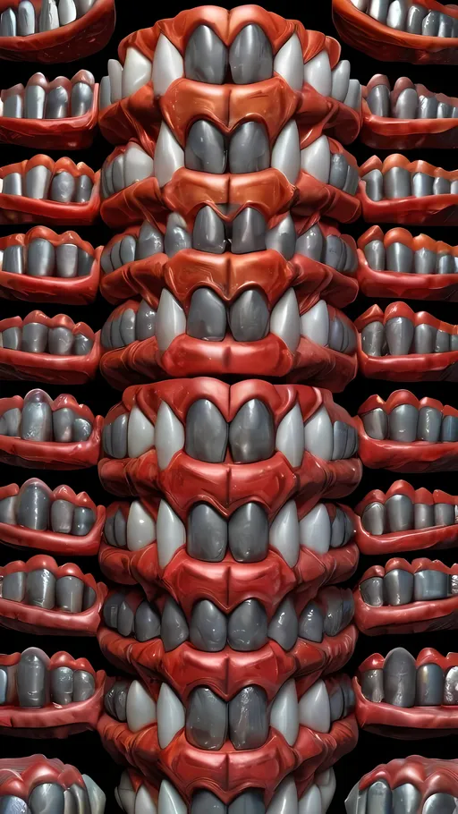 Prompt: Create an extremely hyper-realistic, ultra super textural, weird, trippy, surreal, psychedelic eyes/teeth/mouth pattern/design based on "Fusarium verticillioides", with lots of human eyes (crazy colorful compound psychedelic), rows of human teeth, human lips, and tongues. 

- **Colors**: determined by the properties and expressions of the elements (& their isotopes), minerals, and metals: "Fusarium verticillioides", silicon, hematite

**Shapes and forms**
- "Fusarium verticillioides"
-other shapes determined by the natural properties and expressions of the elements (& their isotopes), minerals, metals, and biological organisms: Cuprite, hematite

- **Textures**: Derived from any/all elements (& their isotopes), minerals, metals, crystals, organic things mentioned in this prompt:"Fusarium verticillioides", hematite

**Composition and Layout**:
- a pattern/design based on "Fusarium verticillioides"

**Lighting**:
- Lots of bright light
- zoomed out

**Detail and Atmosphere**:
- Extreme hyperrealistic sharp high detail high definition organic and mineral textures
- Psychedelic, weird, odd, surreal atmosphere
- Frozen in time

**Additional Elements**:
- "Fusarium verticillioides", extra rows of teeth, lips, many eyes

