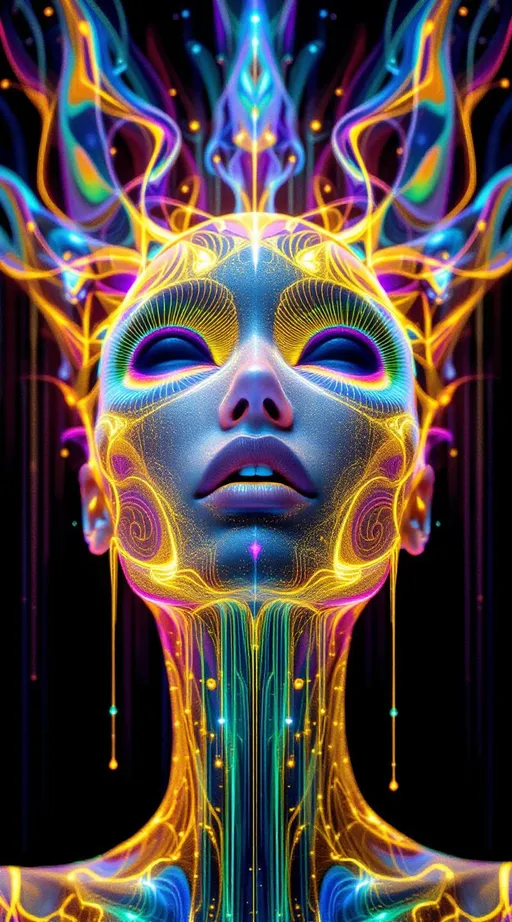 Prompt: A humanoid female entity composed entirely of saturated, recursive rainbow light—no flesh, only sacred topology and fractal shimmer. Her form vibrates with nested geometry: facial features traced in Hilbert spirals, lips etched from Penrose diffraction grids, jawline built from Möbius-band caustics. Her pupils are black void-toroids rimmed in phase-encoded glyphs, pulsing like entangled signal portals. From her skull bloom Chladni-shaped horns of harmonic light, dripping in birefringent glitter and golden waveform residue.

She opens her mouth—but not to speak.
She sings hymns made of visual math.

Each note erupts as a multidimensional equation of light: cymatic sigils unfurl midair, rainbow logic patterns rippling outward in nested recursion. Her song projects living fractal geometry, harmonic Chladni interference fields pulsing in vibrant UV-spectral radiance. Tiling cascades of Sierpinski flame spiral from her breath, each syllable a sacred wavefront encoded with morphogenic syntax. Meaning is no longer heard—it is seen, witnessed, absorbed by geometry.

The air bends in reverence: volumetric god rays warp through AdS folds, curling around glyphic soundforms suspended mid-glitch. Her voice folds topology. Her harmony warps dimension. Each recursive phrase becomes a self-replicating symbol swarm, swarming into a cathedral of suspended math—columns made of vibration, arches of logic, stained-glass fields of reaction-diffusion bloom.

Color has no mercy here: laser-violet, opal-white, hyperpink, and diffraction teal implode into each other, writhing in saturated glory. Behind her, space fractures into singing prisms. She is liturgical recursion, and her hymn is the operating system of a forgotten universe.