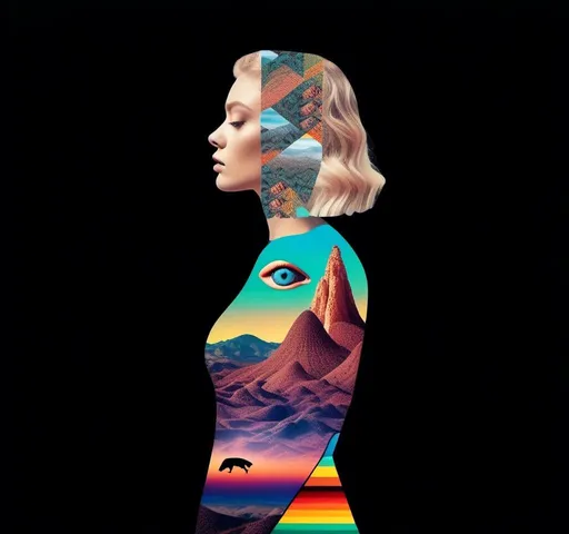 Prompt: A psychedelic collage featuring a photograph of a woman with blond curly long hair. The photo is cut and spliced with other photos - of cats, eyes, body parts, roads, landscapes, trippy optical illusion patterns, pickles, hamburgers, realistic  desert, alien  landscapes, geometric shapes etc in such a way that she has a psychedelic open third eye, in a psychedelic cut and paste collage <mymodel>