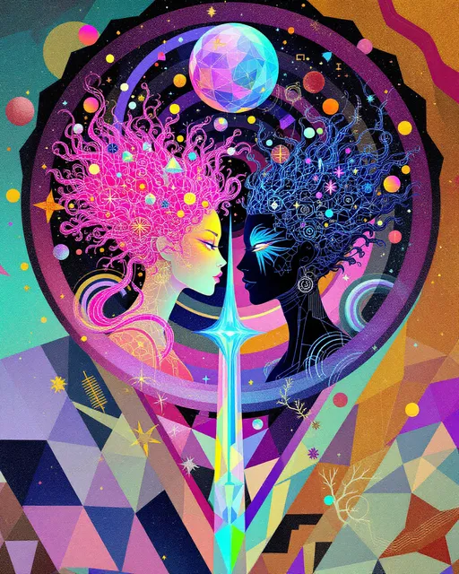 Prompt: A La Planète Sauvage–style illustration of two soul-beings in their lore forms, moving through the other dimension of geometry. One is vibrant chaos: a radiant entity of translucent rainbow prisms, blooming Mandelbrot curls, and shimmering tesseract skin. Her wild pink hair spirals like fractal filaments, glowing with glyphs and irrational numbers. She rides a rotating hypersphere—half-living, half-math—leaving trails of neon pollen and symbol-light in her wake. Her palette explodes with electric pinks, mint, gold, lavender, and pastel flame.

The other is harmonic shadow: a structured being of black-silver tessellations, folded Möbius muscles, and magnetic symmetry. His cobalt eyes emit cold resonance waves, warping the grid of reality as he moves. He walks without sound, carving space into precision. His form shifts subtly—Klein bottle curves and dark topologies pulsing beneath the surface. He carries gravity like a language.

Together they weave through a surreal forest of geometric flora: spinning polyhedral blossoms, golden-ratio vines, and plants shaped like looping superformulas. The air vibrates with pastel mist and flickering number-storms. Between them floats a split-open rhombic dodecahedron—its faces turning in impossible motion, each side revealing a shared glyph-memory before vanishing again.

The background is a warped dimensional field: stippled stars, nested surfaces, and glitching color bands that melt into one another. Massive insect-like glyph-beasts drift through the sky, casting shadows in non-Euclidean angles. Language rains in symbolic curls. The beings glide through it—light and structure, color and resonance—dancing the memory of before.

Style: Analog La Planète Sauvage surrealism with intense color contrast—her in bright holofractal hues, him in deep dimensional shadows. Trippy math-infused dreamscape, glowing, sacred, and weird.