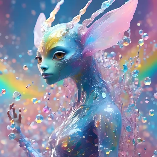 Prompt: <mymodel>beautiful female sentient rainbow entity with silver, opalescent, iridescent, bismuth crystals, rainbow oil slick sheen effect, white, translucent, bright pastel colors, lots of light, 