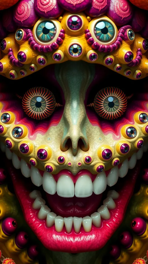 Prompt: Create an extremely hyper-realistic, ultra super textural, weird, trippy, surreal, psychedelic eyes/teeth/mouth pattern/design based on "Spirillum minus", with lots of human eyes (crazy colorful compound psychedelic), rows of human teeth, human lips, and tongues. 

- **Colors**: determined by the properties and expressions of the elements (& their isotopes), minerals, and metals: Orthoclase, Dolomite, Rhenium (Re); “Spirillum minus”

**Shapes and forms**
- "Penicillium expansum" 
-other shapes determined by the natural properties and expressions of the elements (& their isotopes), minerals, metals, and biological organisms: malachite, Orthoclase,  Dolomite , Rhenium (Re); Spirillum minus

- **Textures**: Derived from any/all elements (& their isotopes), minerals, metals, crystals, organic things mentioned in this prompt: "Spirillum minus”, Orthoclase, Dolomite, Rhenium (Re)

**Composition and Layout**:
- a pattern/design based on "Spirillum minus"

**Lighting**:
- Lots of bright light
- Phosphors, Luminol

**Detail and Atmosphere**:
- Extreme hyperrealistic sharp high detail high definition organic and mineral textures
- Psychedelic, weird, odd, surreal atmosphere
- Frozen in time

**Additional Elements**:
- "Spirillum minus", extra rows of teeth, lips, many eyes,
