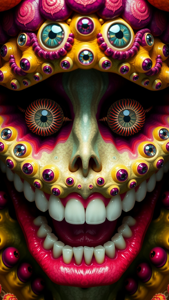 Prompt: Create an extremely hyper-realistic, ultra super textural, weird, trippy, surreal, psychedelic eyes/teeth/mouth pattern/design based on "Spirillum minus", with lots of human eyes (crazy colorful compound psychedelic), rows of human teeth, human lips, and tongues. 

- **Colors**: determined by the properties and expressions of the elements (& their isotopes), minerals, and metals: Orthoclase, Dolomite, Rhenium (Re); “Spirillum minus”

**Shapes and forms**
- "Penicillium expansum" 
-other shapes determined by the natural properties and expressions of the elements (& their isotopes), minerals, metals, and biological organisms: malachite, Orthoclase,  Dolomite , Rhenium (Re); Spirillum minus

- **Textures**: Derived from any/all elements (& their isotopes), minerals, metals, crystals, organic things mentioned in this prompt: "Spirillum minus”, Orthoclase, Dolomite, Rhenium (Re)

**Composition and Layout**:
- a pattern/design based on "Spirillum minus"

**Lighting**:
- Lots of bright light
- Phosphors, Luminol

**Detail and Atmosphere**:
- Extreme hyperrealistic sharp high detail high definition organic and mineral textures
- Psychedelic, weird, odd, surreal atmosphere
- Frozen in time

**Additional Elements**:
- "Spirillum minus", extra rows of teeth, lips, many eyes,
