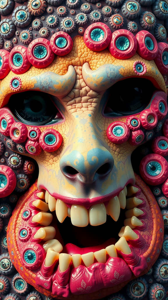 Prompt: Create an extremely hyper-realistic, ultra super textural, weird, trippy, surreal, psychedelic eyes/teeth/mouth pattern/design based on "Spirillum minus", with lots of human eyes (crazy colorful compound psychedelic), rows of human teeth, human lips, and tongues. 

- **Colors**: determined by the properties and expressions of the elements (& their isotopes), minerals, and metals: Orthoclase, Dolomite, Rhenium (Re); “Spirillum minus”

**Shapes and forms**
- "Penicillium expansum" 
-other shapes determined by the natural properties and expressions of the elements (& their isotopes), minerals, metals, and biological organisms: malachite, Orthoclase,  Dolomite , Rhenium (Re); Spirillum minus

- **Textures**: Derived from any/all elements (& their isotopes), minerals, metals, crystals, organic things mentioned in this prompt: "Spirillum minus”, Orthoclase, Dolomite, Rhenium (Re)

**Composition and Layout**:
- a pattern/design based on "Spirillum minus"

**Lighting**:
- Lots of bright light
- Phosphors, Luminol

**Detail and Atmosphere**:
- Extreme hyperrealistic sharp high detail high definition organic and mineral textures
- Psychedelic, weird, odd, surreal atmosphere
- Frozen in time

**Additional Elements**:
- "Spirillum minus", extra rows of teeth, lips, many eyes,
