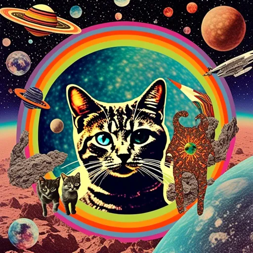 Prompt: a psychedelic collage with a vintage 70s sci-fi animation feel to it except the subject matter will be CATS IN SPACE! The collage will have elements of photography, illustration, trippy patterns and optical illusions, alien landscapes, strange trippy planets, UFOs,, meteors, all cut and spliced together in a psychedelic collage style <mymodel>