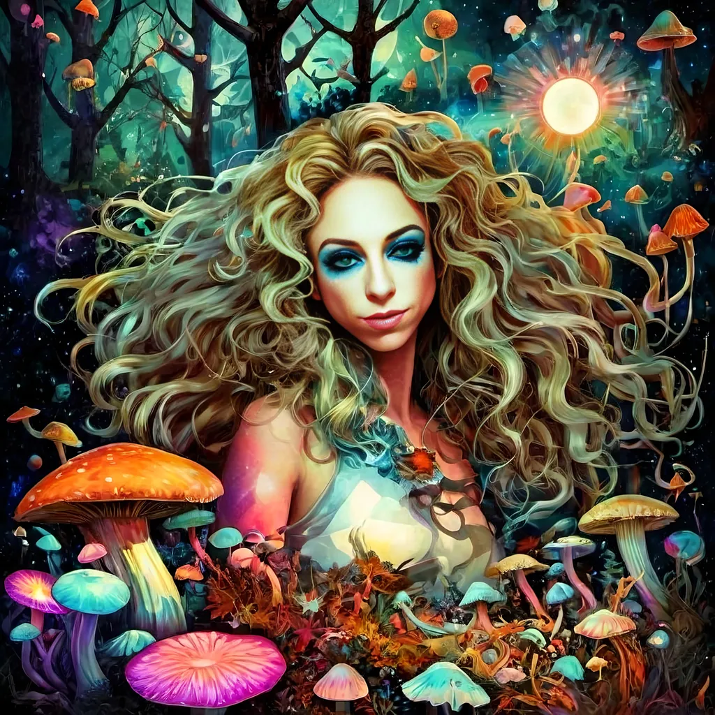 Prompt: A psychedelic trippy bright colorful vivid black light poster illustration of a girl with longish blond curly hair, with psychedelic magic mushrooms, trippy hallucinations, optical illusions and patterns, crystals, moss, forest, moon, geometry fractals