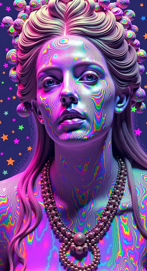 Prompt: Create a super hyperrealistic, finely detailed psychedelic Nouveau illustration of a Cosmic Jester. Feature the word "MERRYPRANXTER" worked organically into the background somehow.  This enchanting character is a merry prankster of the cosmos, an astral jokester dancing through time and space. She exudes a jester vibe, wearing feminine holographic jester attire & makeup with a feminine, harlequin twist. Not human, but humanoid, she is crafted from vibrant colored light, embodying an extra-dimensional extraterrestrial essence. Her presence is a beacon of joy, as she laughs and twirls through the cosmic astral realms, elevating vibes wherever she roams. 

Her beauty is otherworldly, with long, curly hair that shimmers like a cascade of colored light, appearing blonde yet transcending earthly hues. Her eyes sparkle with mischievous wisdom, and her attire is a dazzling array of intricate patterns and swirling colors, reminiscent of both jester garb and celestial phenomena.

Incorporate the text "the merrypranxter" above her in smaller, elegant lettering, seamlessly blending into the cosmic background. This text should capture the essence of her playful spirit, as if it were a whisper from the universe itself. The illustration should radiate her vibrant energy, portraying her as a timeless wanderer spreading joy and wonder throughout the cosmos.