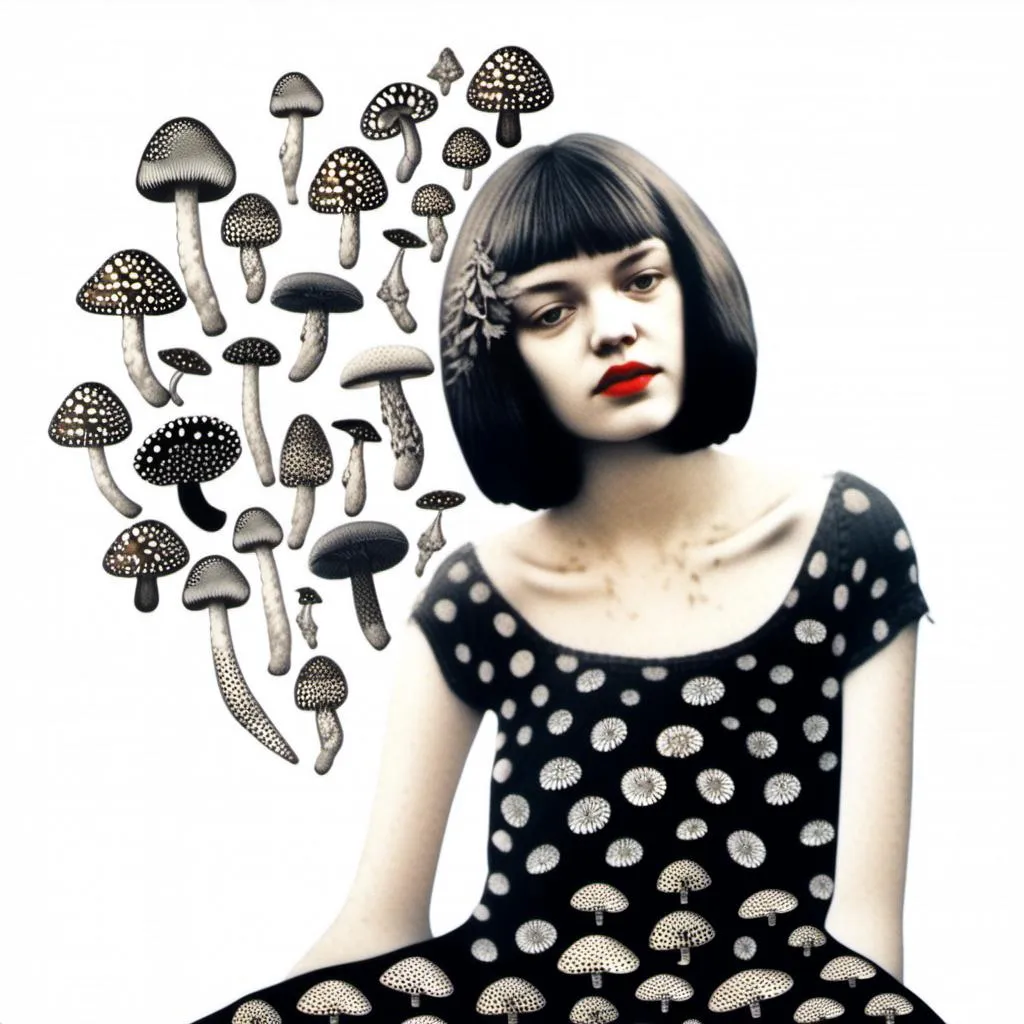 Prompt: a mixed media collage of a girl wearing or growing mushrooms/fungus as clothing body parts and accessories. She is a black and white or halftone photograph, the mushrooms and fungal growths are to be mixed media, including but not limited to paint, enamel, foils, glitter, sparkle, sequins, found objects, natural items, rhinestones etc <mymodel>